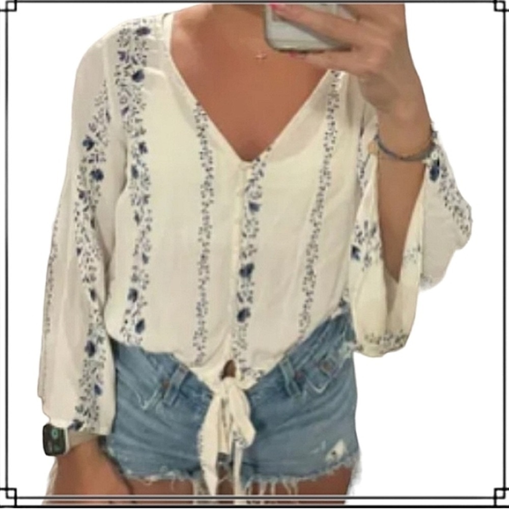 American Eagle Cropped Floral Loose Fit Bell Sleeves Blouse Size M Cottagecore